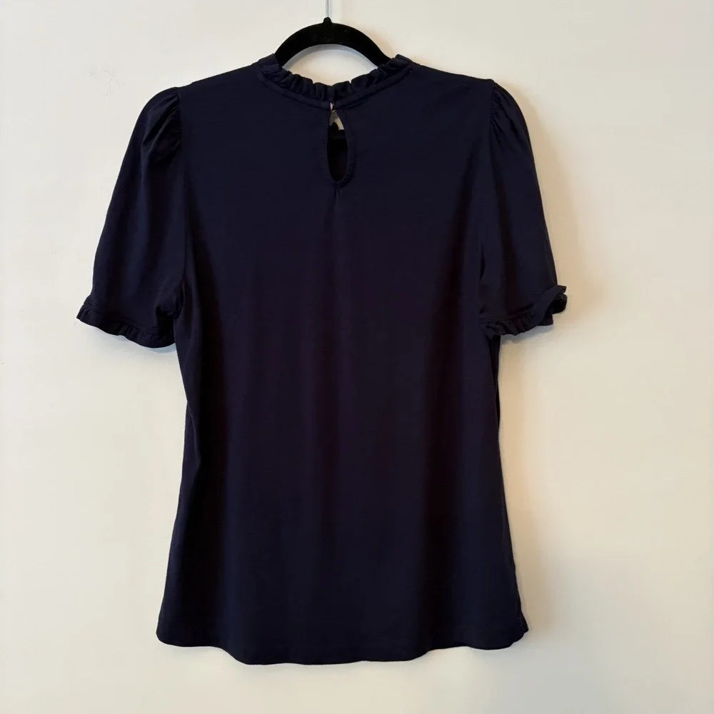Boden Ruffle Neck Puff Sleeve Top Navy US 10 Stretch Modal Minimalist Boho